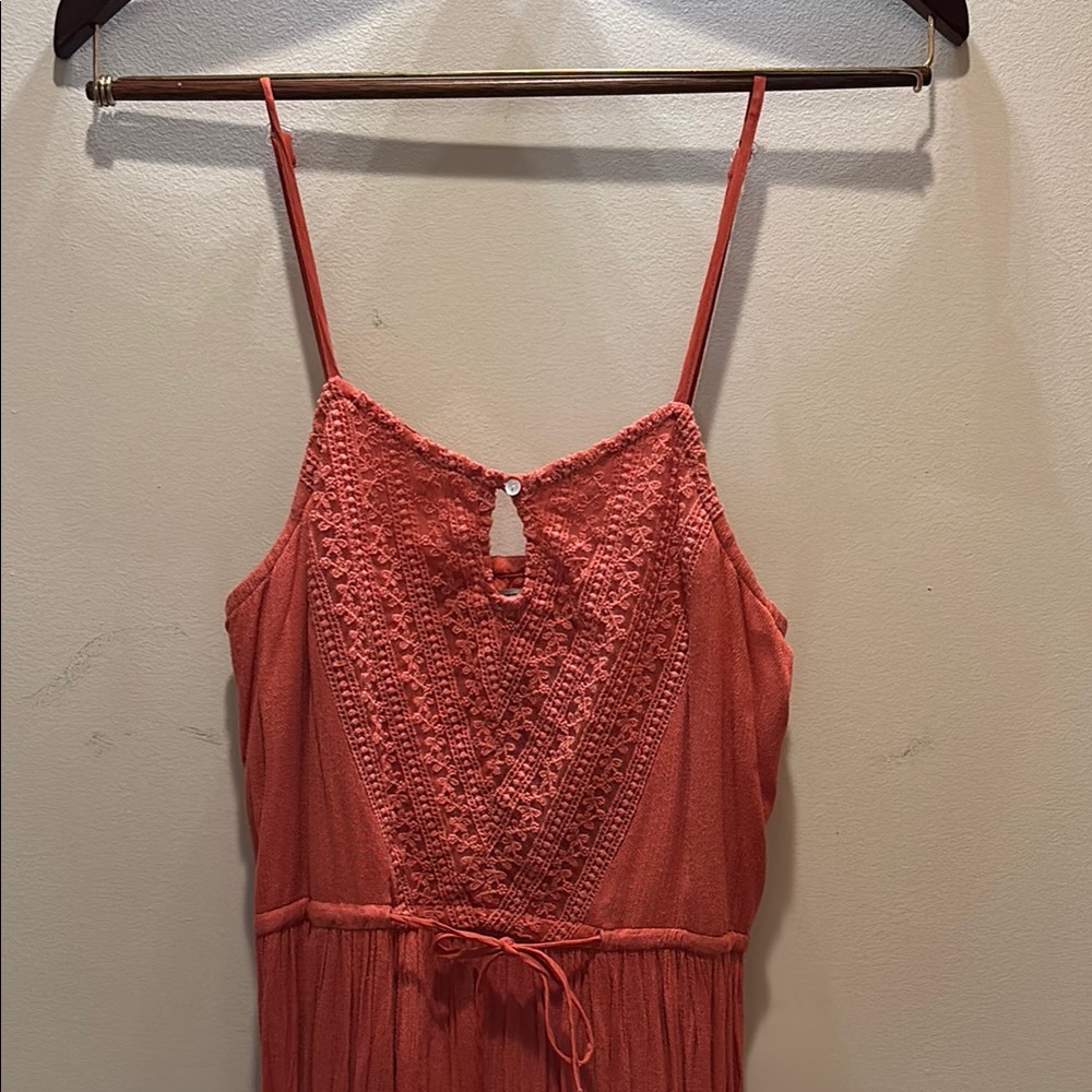 Coral Crochet-Front Spaghetti Strap Maxi Dress